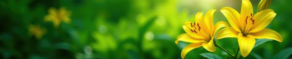 Lush green foliage with bright yellow lily blooms, lush, flowers, nature