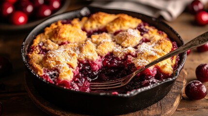 Cherry cobbler dessert in cast iron skillet, rustic kitchen