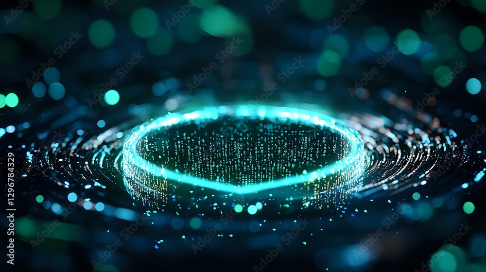 Poster glowing turquoise digital ring with binary code particles and light effects on dark background. abst