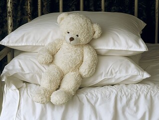 Teddy Bear Resting on Bed Pillows