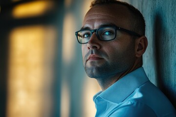 Fototapeta premium A man with glasses, pensive expression, leaning against a wall, illuminated by soft light.