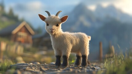 Fototapeta premium Adorable Goat Kid on Pastoral Farm with Wooden Cabin in Background