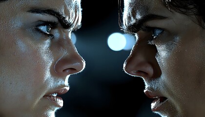 Dramatic close-up profile view of female faces facing each other in dark setting with blue backlight creating mysterious atmospheric mood for conceptual designs.