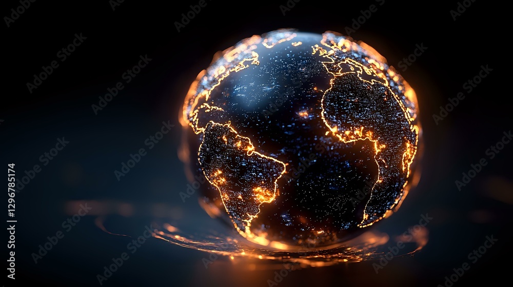 Poster glowing digital earth model with illuminated city lights and connections floating in dark space, ora