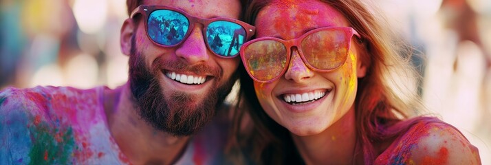 Obraz premium Happy couple enjoying holi festival, covered in colored powder and wearing sunglasses 
