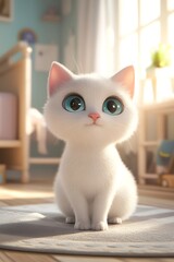 Adorable 3D-Rendered White Cat with Sparkling Eyes Sitting in Cozy Pastel-Colored Room