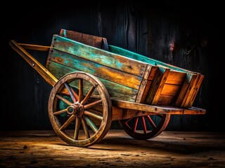 Obraz premium Rustic Wooden Wheelbarrow on Black, Vintage Farm Tool, Still Life Photography