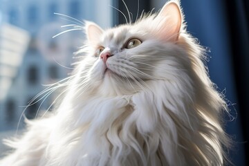 Majestic long haired white cat in tortoiseshell glasses against a colorful abstract background