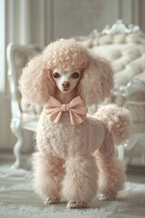 Adorable Fluffy 3D Poodle with Stylish Bow Standing in Fashionable Room