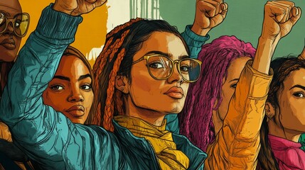 Obraz premium Watercolor painting of women holding hands and raising arms, symbolizing unity, support, and empowerment 