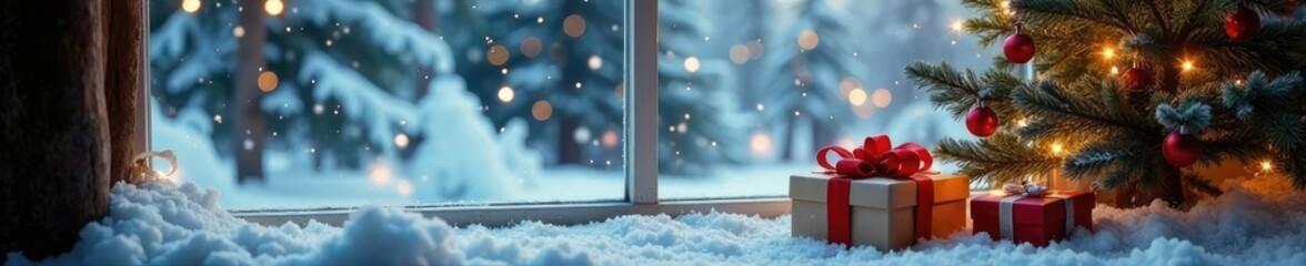 Snowy window with decorated tree and gift box, box, tree