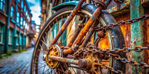 Rusty Old Bicycle Abandoned City Street Macro Detail Stock Photo