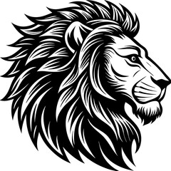 Fototapeta premium Create a black and white vector-style illustration of a lion's head in profile view, with a flowing mane and bold, sharp details