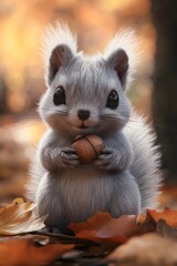 Obraz premium Fluffy Squirrel Holding Acorn in Warm Autumn Setting with Cozy Backdrop
