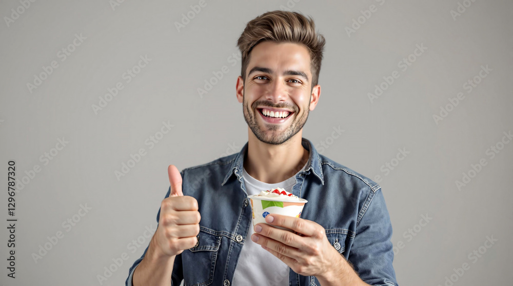 Poster a man in a blue shirt giving a thumbs-up while holding a cup of yogurt. the background is a muted gr