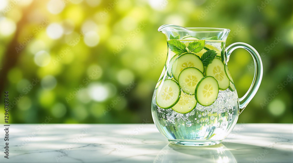 Poster a clear glass pitcher filled with water and slices of cucumber, placed on a surface with a blurred g