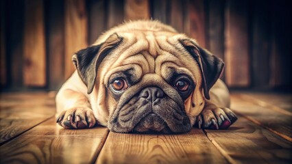 Obraz premium Sad Pug Dog Floor Close Up Vintage Photo - Tired Lazy Pet