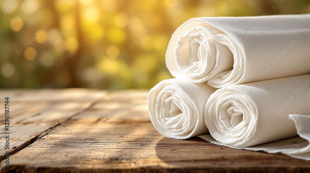 Poster a stack of white towels neatly folded and placed on a wooden surface, with a blurred background sugg