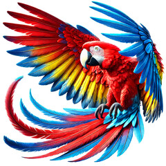 Scarlet macaw bird flying on white background with clipping path