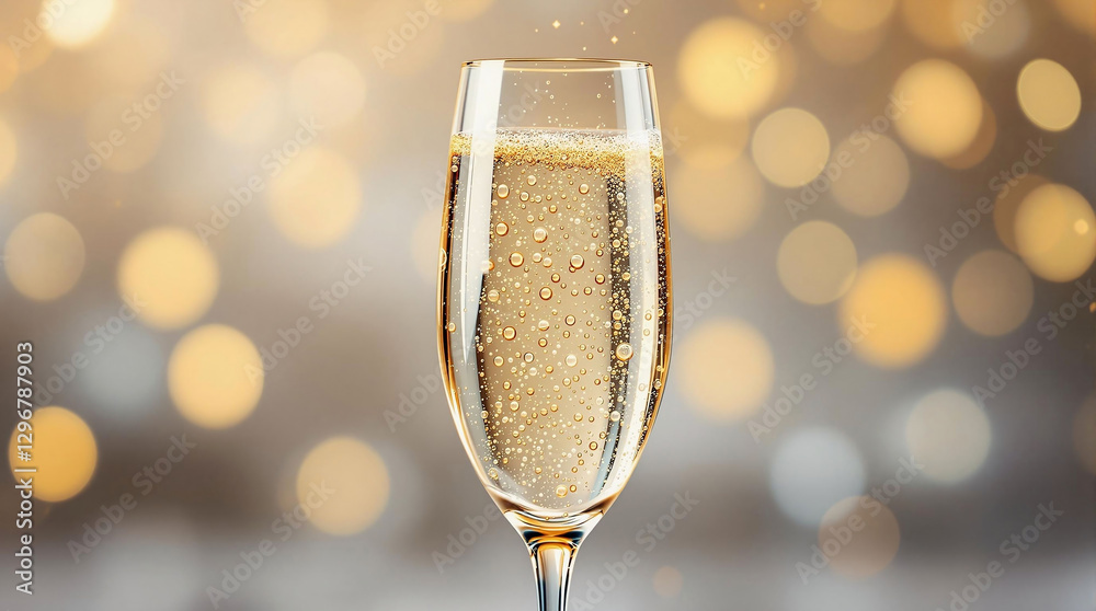 Poster a glass of champagne being poured into it, set against a blurred background with bokeh effects. the 