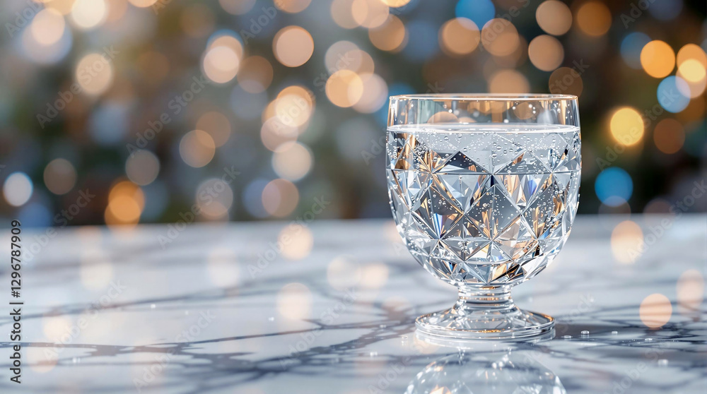 Poster a crystal goblet filled with water sitting atop a marble table, with a blurred bokeh of lights in th