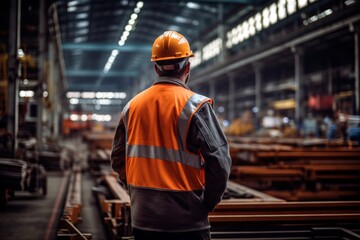Worker in safety gear observes production line amidst modern industrial equipment and steel beams