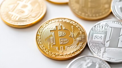 Detailed Close-Up of Golden Bitcoin Coin Surrounded by Silver Coins on Clean Background