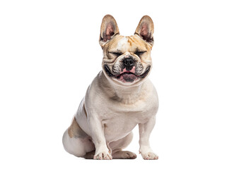 Fototapeta premium French bulldog sitting and smiling with closed eyes on white background