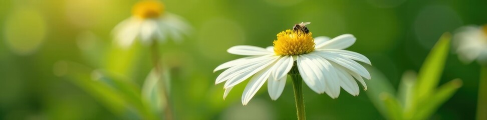 White echinacea flower with a small bee and some leaves in the background, flowers, greenery, wildflower