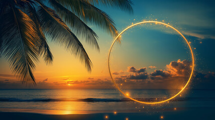 Naklejka premium Golden circle frame decorated with shining golden lights isolated summer concept sunset sea, beach and palm tree background. Summer, Spring concept background video. Copy paste area