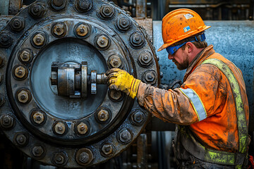 A detailed view of a worker tightening bolts on a newly installed section of a refinery pipeline capturing textures 