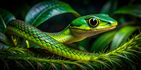 Obraz premium Satiny Parrot Snake in Costa Rican Rainforest Night - Leptophis depressirostris at Corcovado National Park