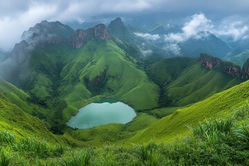 Naklejka premium Breathtaking View of Lush Green Mountains and Serene Blue Lake