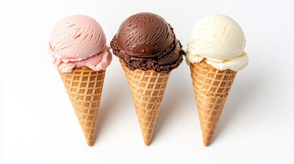 Triple Scoop Ice Cream Cone: Vanilla, Chocolate, Strawberry
