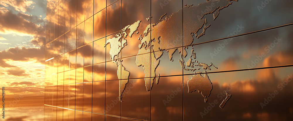 Poster a close-up of a metallic world map etched on a reflective wall, bathed in golden sunset light, symbo