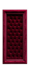 Elegant velvet-covered door with a classic design. Elegant red velvet tufted wall panel with a decorative frame. A sophisticated interior design piece for luxurious and vintage-inspired decor.