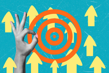 Modern art collage featuring a woman's hand showing an ok gesture against a background of a target...