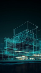 Futuristic digital wireframe architecture featuring glowing neon lines, complex geometric shapes, and a high-tech structure representing virtual space and modern technology concepts.
