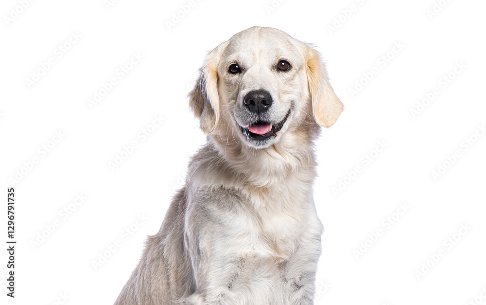 Poster golden retriever smiling and panting on white background