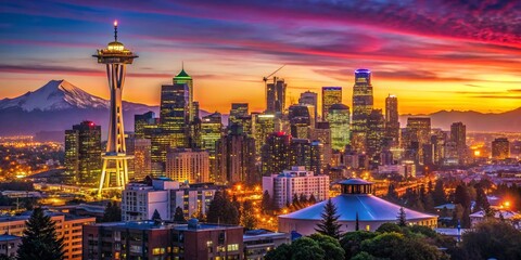 Obraz premium Seattle Skyline Night Aerial Photography: Vibrant Sunset, Neon Lights, Mountain Views