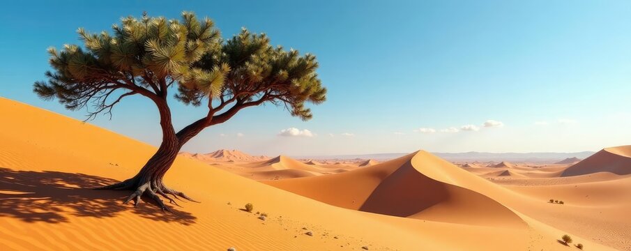 Desert tree branches stretch towards the dunes, tamarisk, dunes