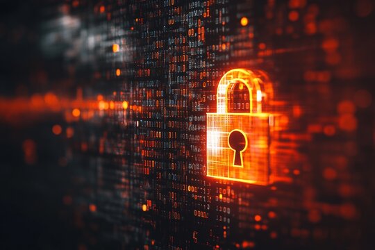 3d digital padlock icon on data security background with binary code and blurred computer screen