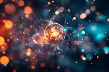 Obraz premium Abstract Atom Structure Glowing Energy Particle Network Digital Art Futuristic Science Technology Background Illustration Design Orange Blue data wave