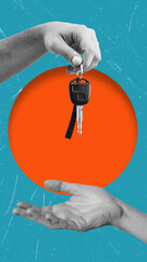 Modern art collage depicting hands with keys on a blue background, copy space.