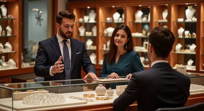 People choosing jewelry in luxury store. The concept is luxury, shopping, fashion, and service. Suitable for topics about jewelry, gifts, retail experience, and style.