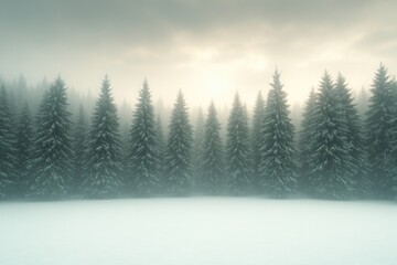 Fototapeta premium Misty forest landscape with snow-covered ground and towering eve