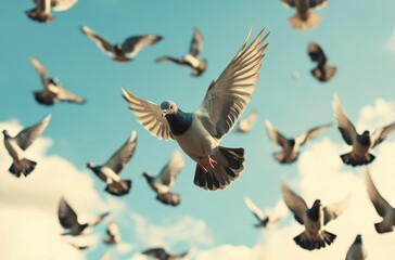 Flock of Birds Scattering in a Bright Blue Sky with Clouds and Pigeon Flying in Focus in the Foreground During Daytime in Natural Setting