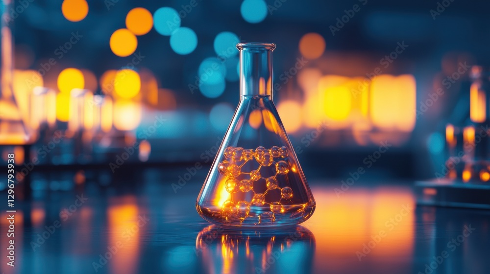 Poster Transparent gas within a laboratory beaker featuring molecular structure against a softly lit background. Generative AI