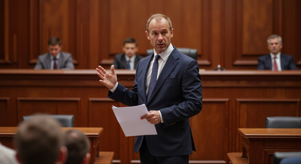 Lawyer making a speech in a courtroom during a trial. The concept is law, justice, courtroom proceedings, and legal defense.