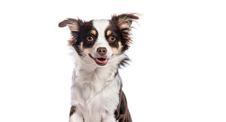 Fototapeta premium Head shot of a Happy Small chihuahua dog sitting and panting, looking at the camera with its mouth open, isolated on white background